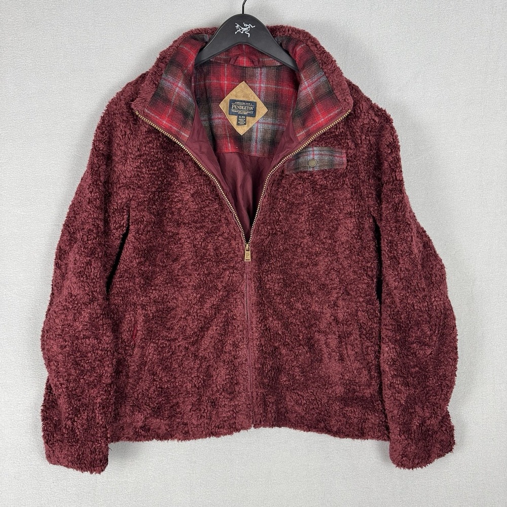 Pendleton Fleece Jacket Womens XL Burgundy Sherpa Full Zip Plaid Accent Hiking